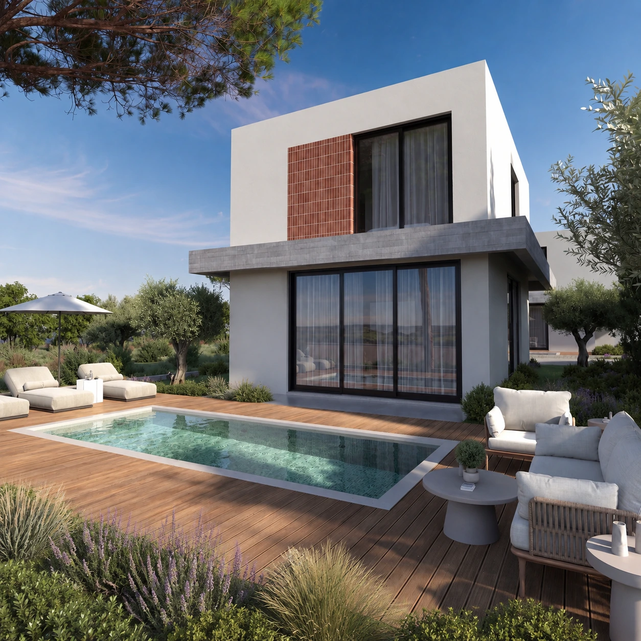 Designvilla mit Pool und mediterraner Bepflanzung