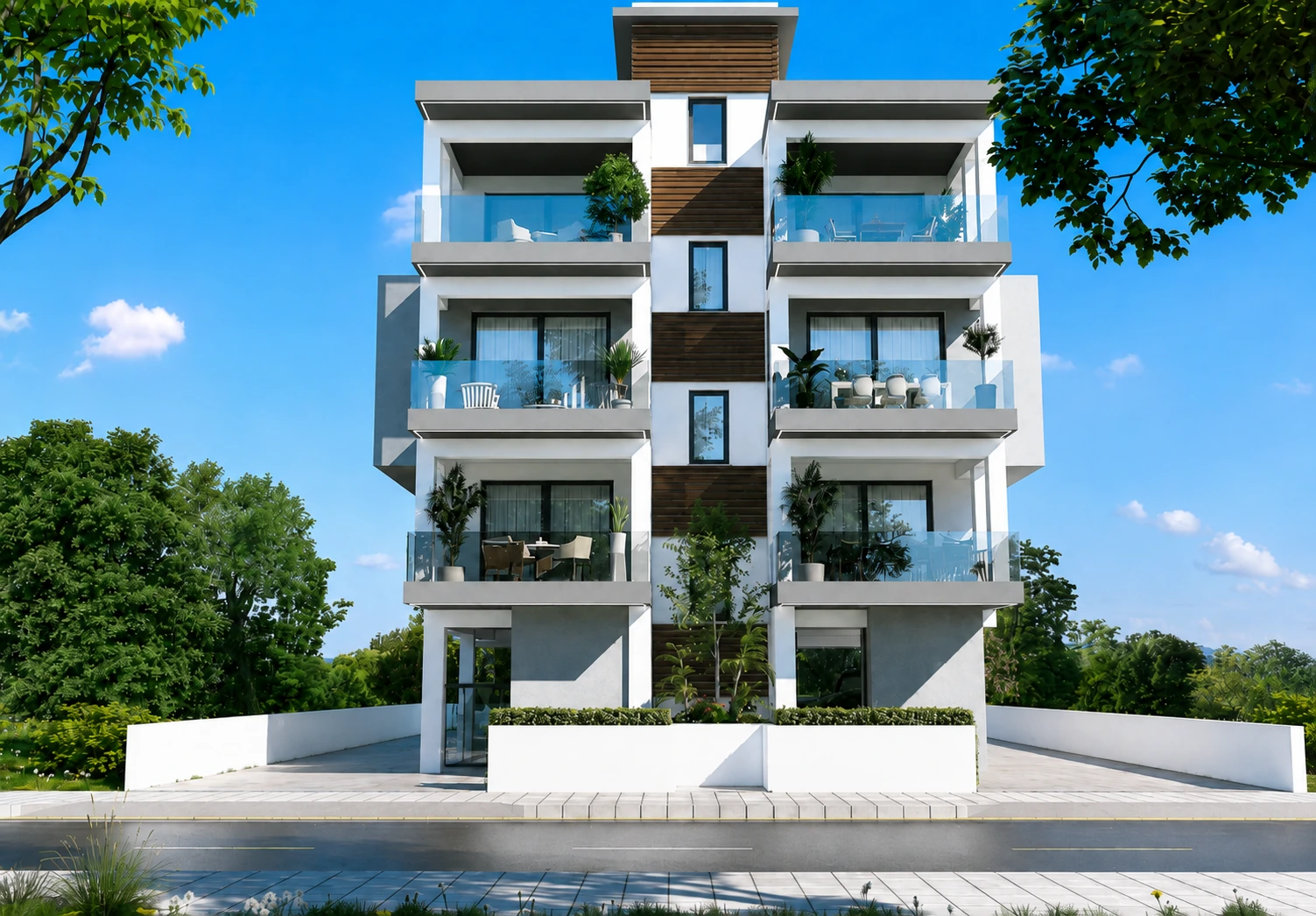 Modernes Apartmenthaus mit begrünten Balkonen