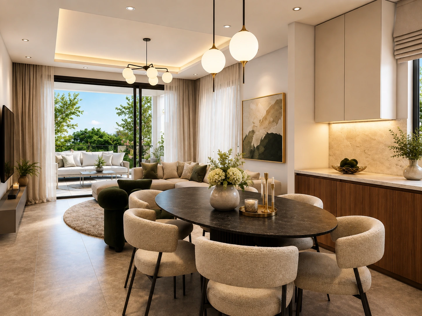 Elegantes Wohn- und Esszimmer in warmen Beigetönen