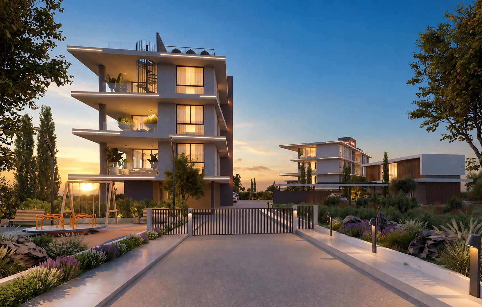 Neubau-Apartmentanlage bei Sonnenuntergang