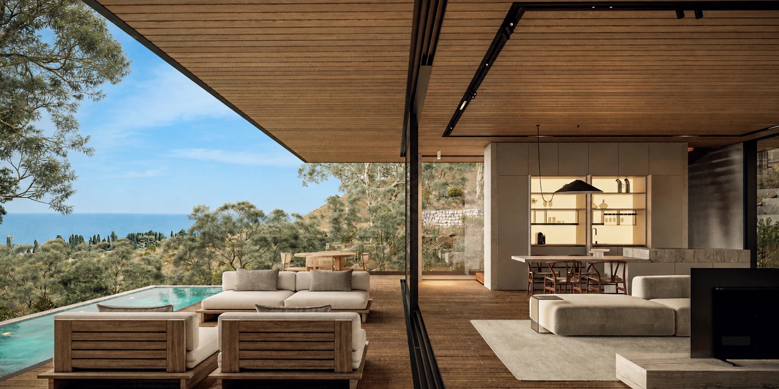 Offener Wohnbereich einer Luxusvilla mit Meerblick und Infinity-Pool